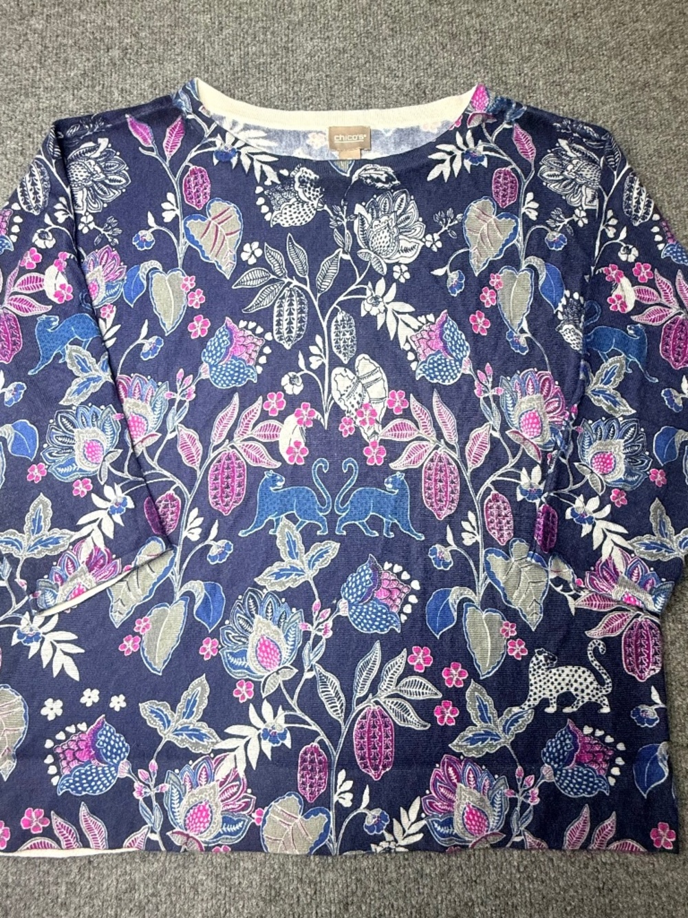 Chico's Women's blue floral print 3/4 sleeve boat neck knit top 2xl